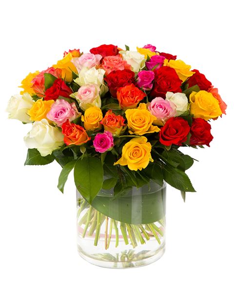 Mazzo Colorato Di Rose Rosa Giallo Rosso Arancio E Bianco Con Verde Decorativo E Nastri